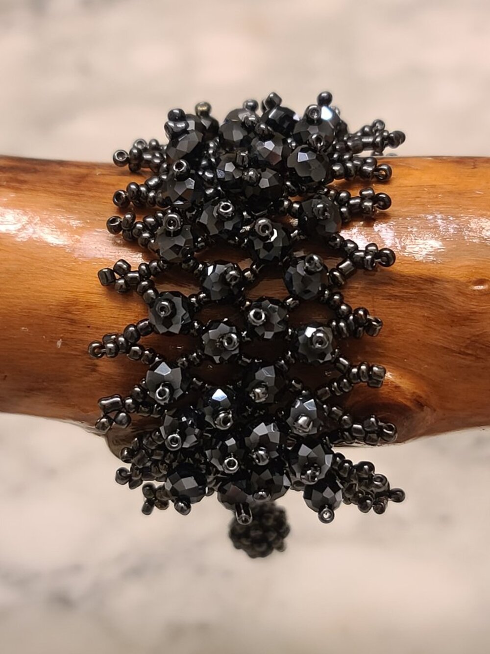 Handmade Hematite and black bead scrunch bracelet Button Clasp Boho Whimsy Goth